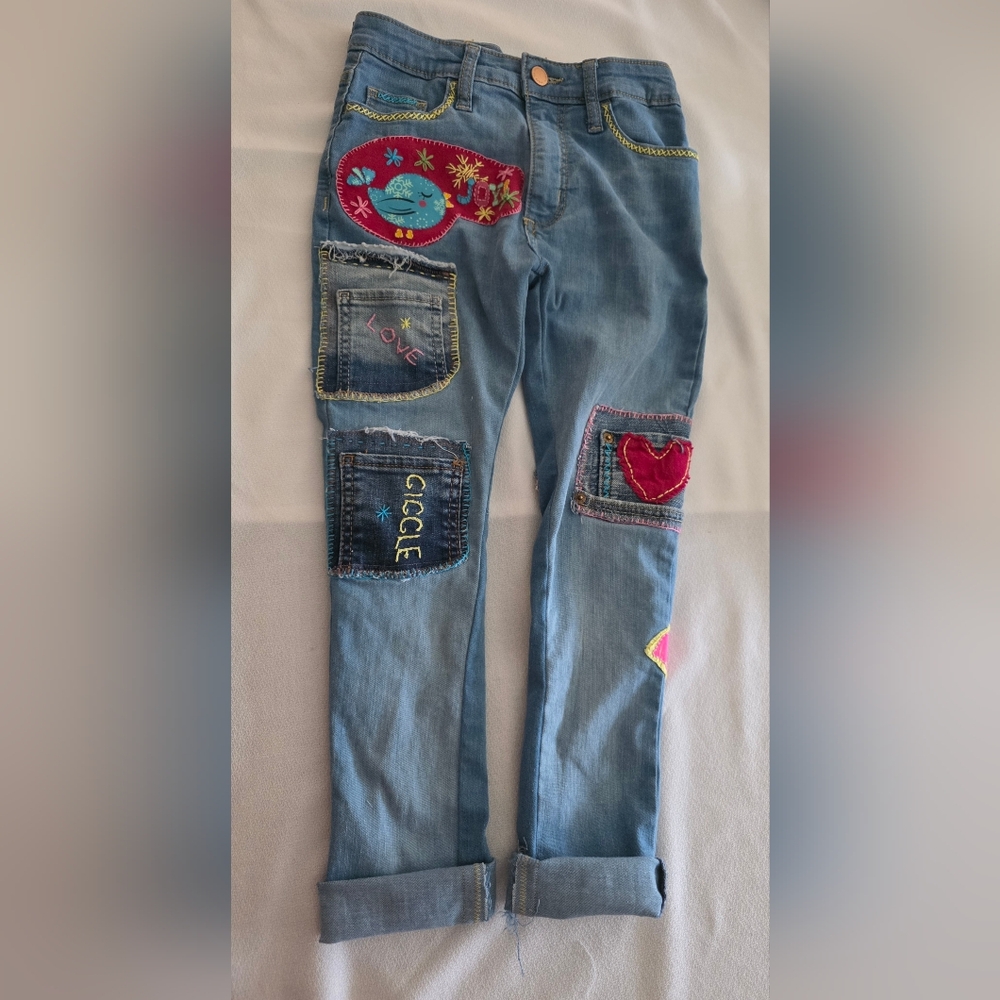 HAND CRAFTED  Girls Jeans UPCYCLED Denim Birds Encouraging Words Embroidery 6
